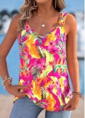 Hot Pink Tropical Plants Print Tie Sleeveless Tank Top