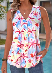 Multi Color Tropical Plants Print Curved Hem Tank Top