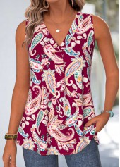 Deep Red Paisley Print Curved Hem Sleeveless Tank Top