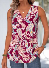 Deep Red Paisley Print Curved Hem Sleeveless Tank Top | thumb picture 