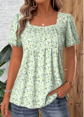 Light Green Floral Print Pleated Short Sleeve T Shirt