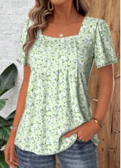 Light Green Floral Print Pleated Short Sleeve T Shirt | thumb picture 