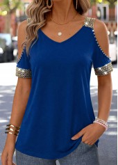 Blue Cut Out Short Sleeve V Neck T Shirt