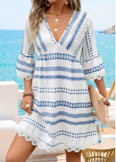 White Striped Short Patchwork 3/4 Sleeve V Neck Dress | thumb picture 