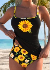 Black Mid Waisted Wrap Sunflower Print Tankini Set | thumb picture 