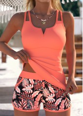 Coral Mid Waisted Pocket Plants Print Tankini Set