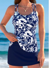 Navy Mid Waisted Scalloped Hem Floral Print Tankini Set