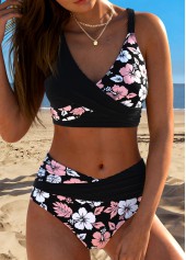 Black Mid Waisted Surplice Floral Print Bikini Set