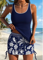 Navy Mid Waisted Drawstring Tropical Plants Print Tankini Set