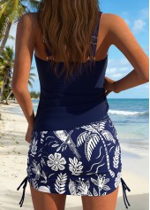 Navy Mid Waisted Drawstring Tropical Plants Print Tankini Set | thumb picture 