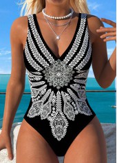 Black Wrap Tribal Print One Piece Swimwear