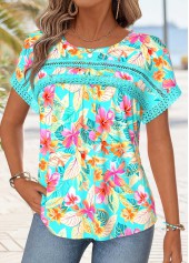 Cyan Tropical Plants Print Patchwork Short Sleeve T Shirt