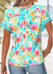 Cyan Tropical Plants Print Patchwork Short Sleeve T Shirt | thumb picture 