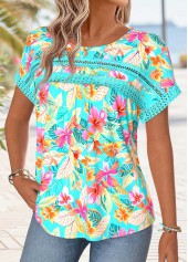 Cyan Tropical Plants Print Patchwork Short Sleeve T Shirt | thumb picture 
