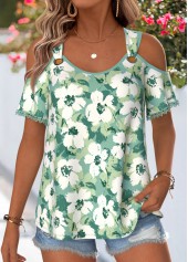 Green Floral Print Cut Out Short Sleeve T Shirt