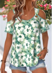 Green Floral Print Cut Out Short Sleeve T Shirt | thumb picture 