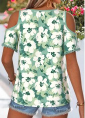 Green Floral Print Cut Out Short Sleeve T Shirt | thumb picture 