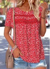 Red Heart Print Curved Hem Short Sleeve T Shirt