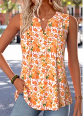 Orange Ditsy Floral Print Curved Hem Sleeveless Tank Top