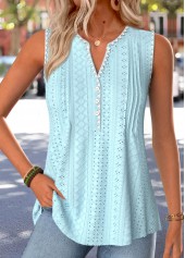 Light Blue Curved Hem Sleeveless Split Neck Tank Top