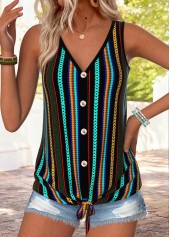 Multi Color Striped Tie Sleeveless V Neck Tank Top