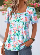 Blue Floral Print Pleated Short Sleeve T Shirt | thumb picture 