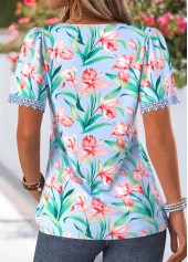Blue Floral Print Pleated Short Sleeve T Shirt | thumb picture 