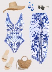White Two-piece Floral Print One Piece Swimwear and Sarong
