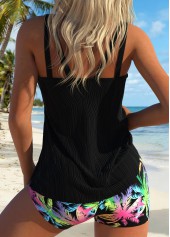 Black Mid Waisted Patchwork Tropical Plants Print Tankini Set | thumb picture 