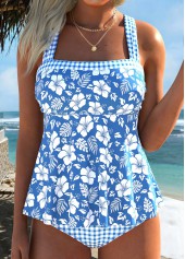 Dusty Blue Mid Waisted Patchwork Floral Print Tankini Set