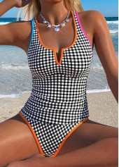 Black Mid Waisted Patchwork Gingham Print Tankini Set