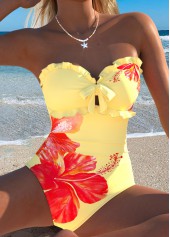Light Yellow Cut Out Floral Print One Piece Swimwear | thumb picture 