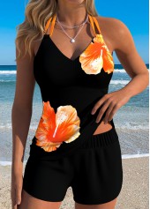 Black Mid Waisted Tummy Coverage Floral Print Tankini Set