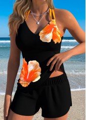 Black Mid Waisted Tummy Coverage Floral Print Tankini Set | thumb picture 