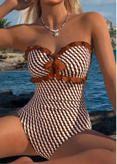 Dark Coffee Bowknot Zebra Stripe Print One Piece Swimwear | thumb picture 