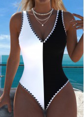 Black Patchwork V-Neck One Piece Swimwear