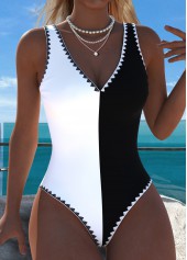 Black Patchwork V-Neck One Piece Swimwear | thumb picture 