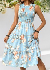 Light Blue Floral Print Smocked Sleeveless Dress | thumb picture 