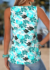 Cyan Floral Print Shirred Sleeveless V Neck Tank Top | thumb picture 
