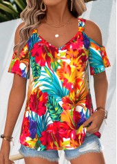 Multi Color Floral Print Twist Short Sleeve T Shirt