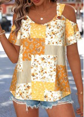 Yellow Patchwork Cut Out Short Sleeve T Shirt | thumb picture 