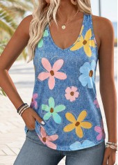 Denim Blue Floral Print Curved Hem Sleeveless Tank Top