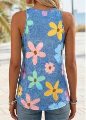 Denim Blue Floral Print Curved Hem Sleeveless Tank Top | thumb picture 