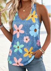 Denim Blue Floral Print Curved Hem Sleeveless Tank Top | thumb picture 