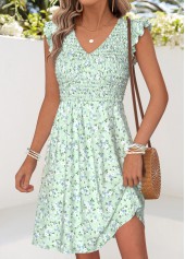 Light Green Ditsy Floral Print Short Ruffle Dress