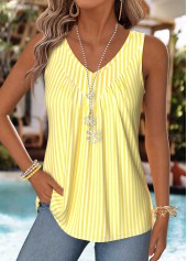 Light Yellow Striped Patchwork Sleeveless V Neck Tank Top