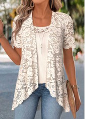 Beige Two-piece Short Sleeve Cardigan and Tank Top