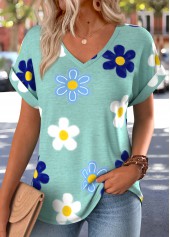 Green Floral Print Patch Pocket Short Sleeve T Shirt