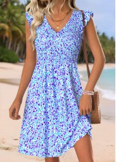 Blue Ditsy Floral Print Short Smocked V Neck Dress