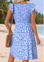 Blue Ditsy Floral Print Short Smocked V Neck Dress | thumb picture 